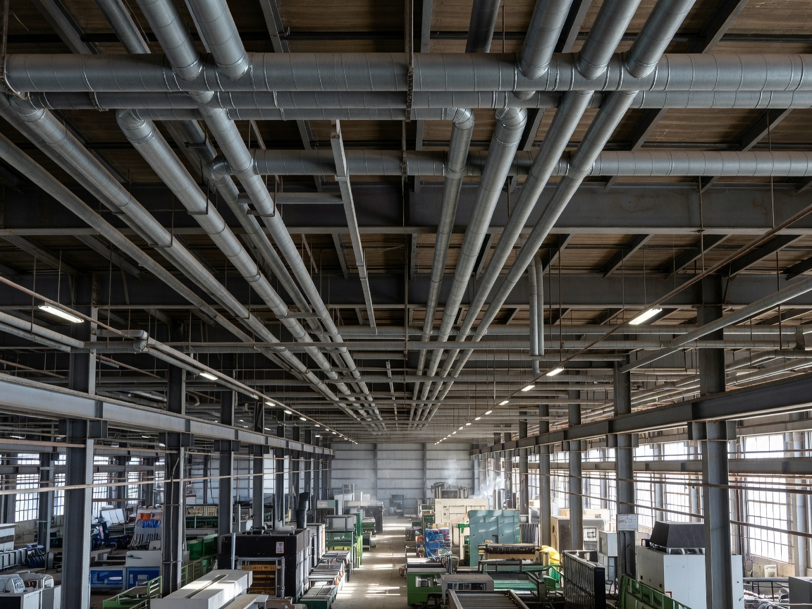 Extensive overhead industrial ductwork spanning a production facility