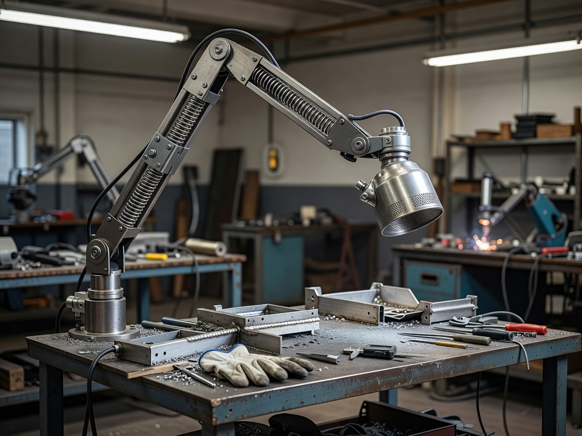 Flexible extraction arm positioned over a fabrication workbench