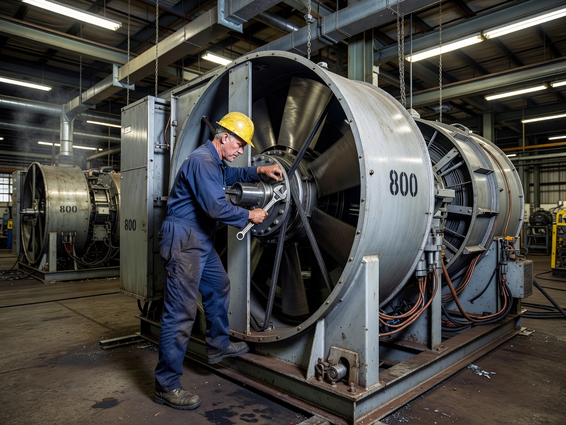 Industrial technician servicing a large air handling fan unit