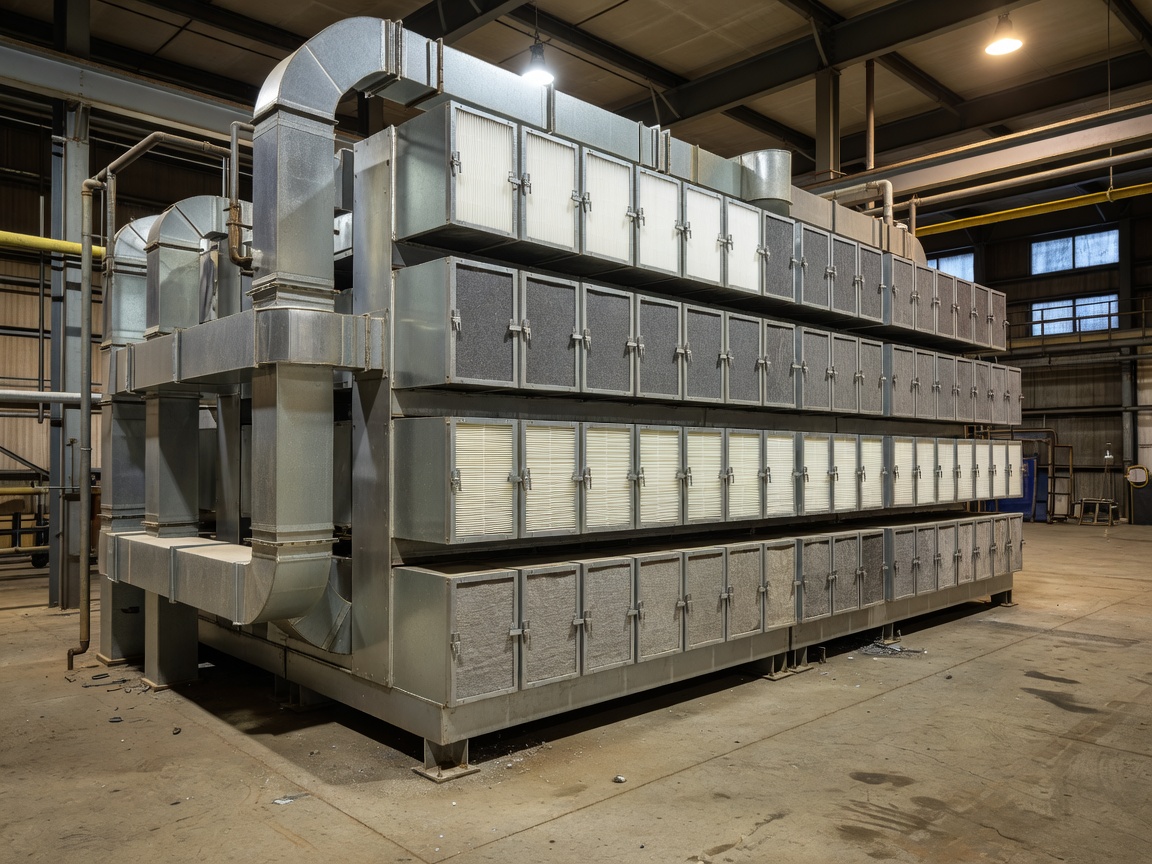 Large multi-stage filter bank in an industrial air handling unit
