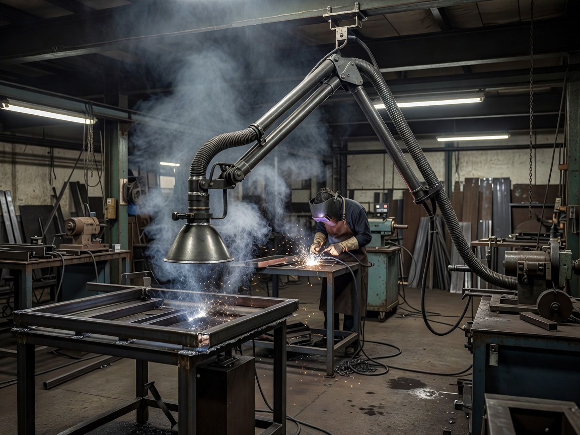 Localized fume extraction arm in a metal fabrication workshop