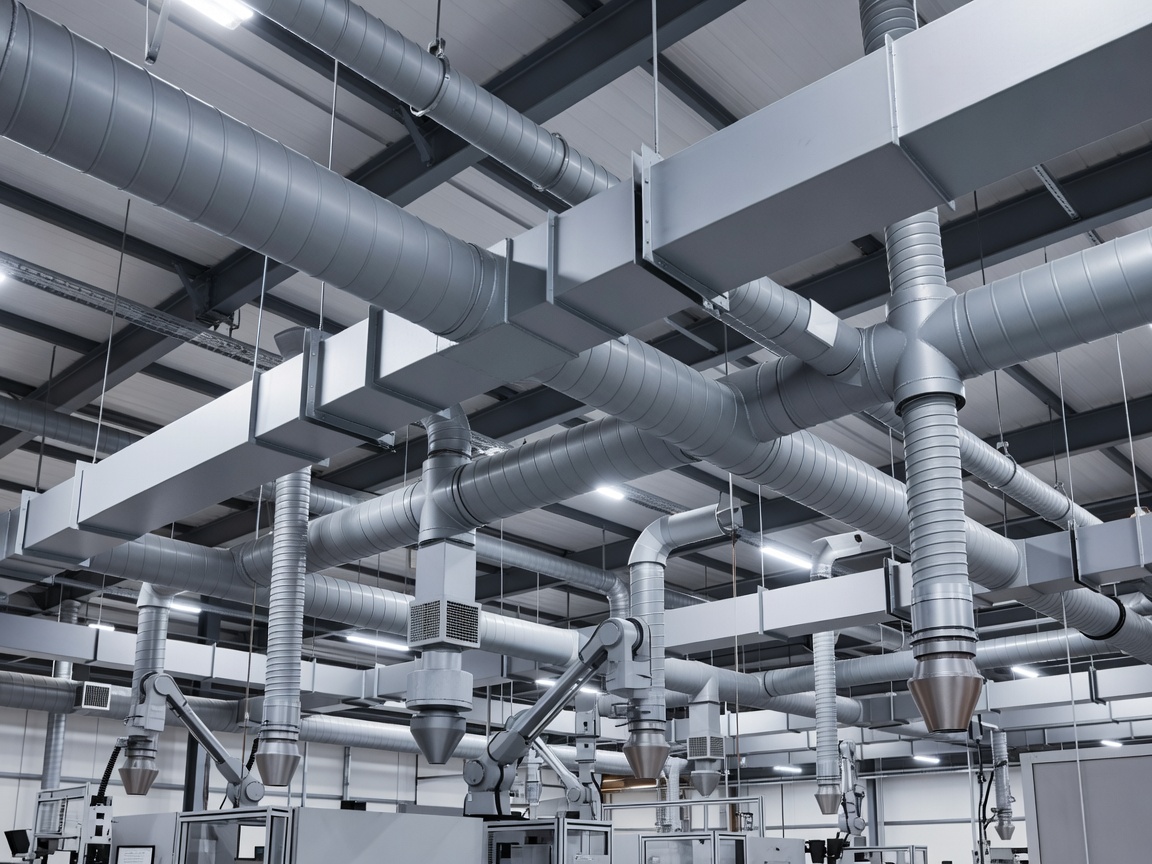 Modern factory overhead ventilation ductwork and extraction points