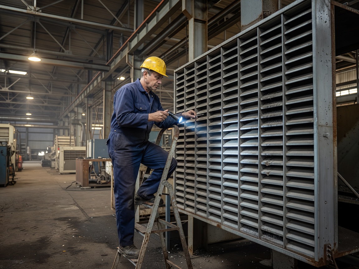 Technician inspecting an industrial ventilation grille